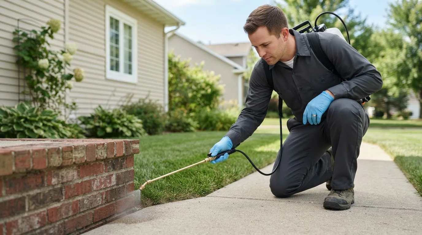 Pest control technician treating a home near Elmwood, NE