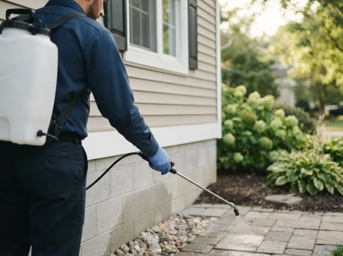 Pest control technician inspecting a home in Elmwood, NE